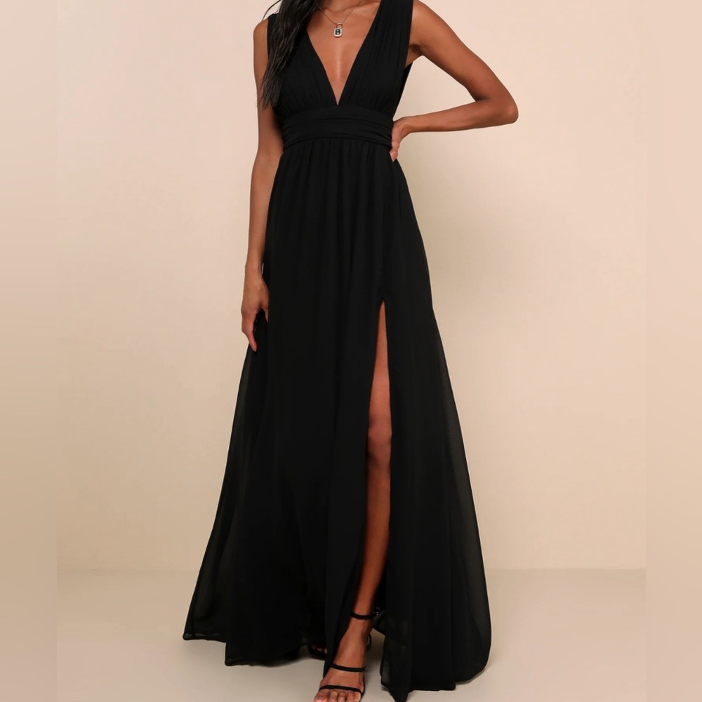 Lulu's Black Maxi Dress with Deep V & High Slit